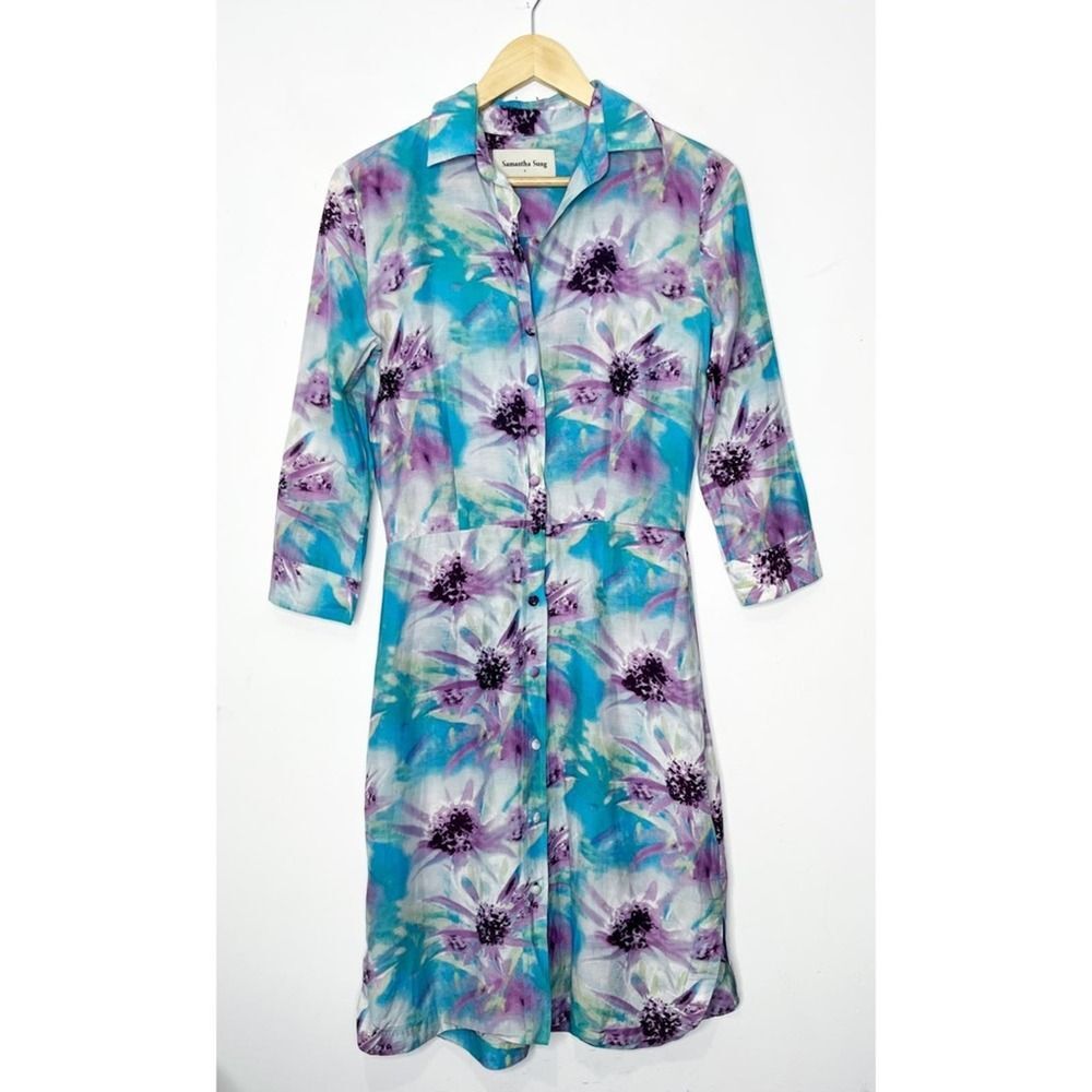 Samantha Sung Collared Mini Shirt Dress Button Up Blue/Purple Floral Size 4